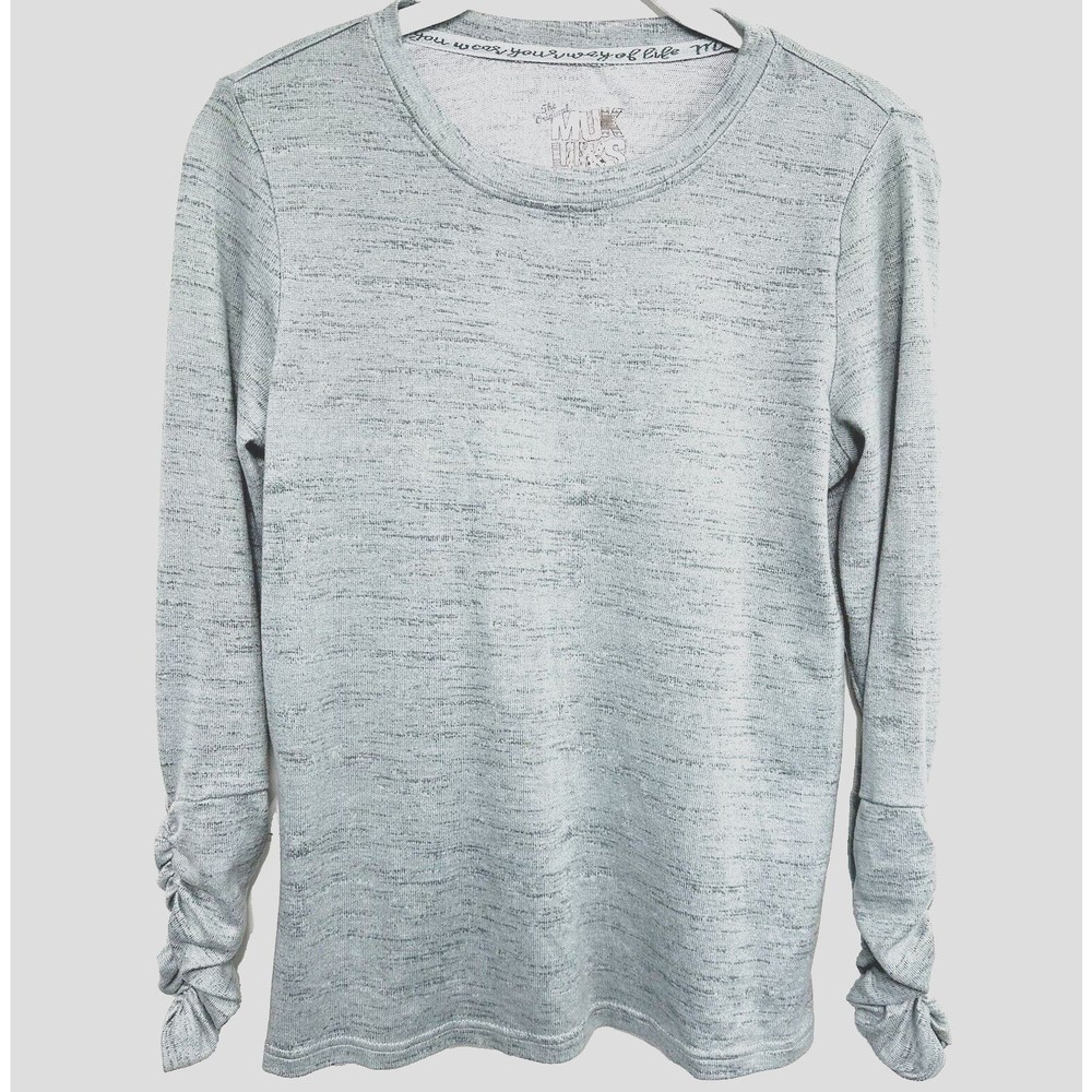 Muk Luks Pullover Butter Knit Top Womens Petite PXS Ruched-Sleeve Heather Gray